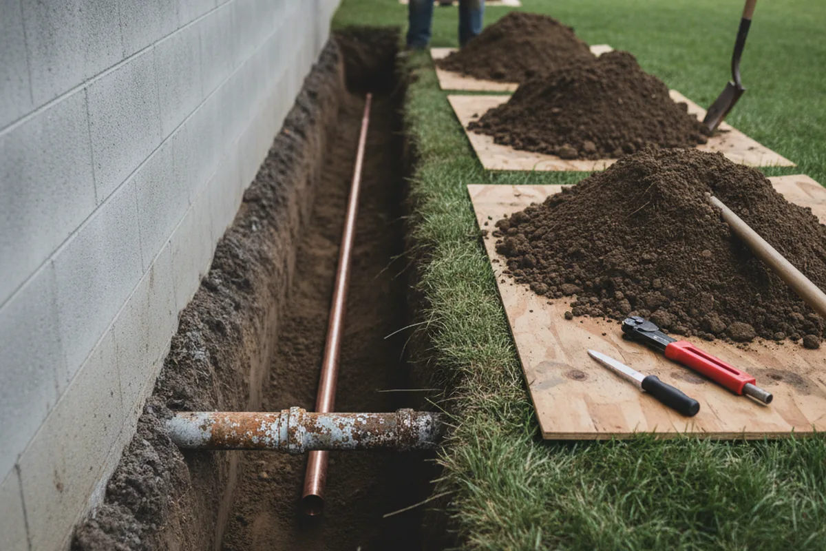 Excavated water line trench during Water Heater Repair in Fairgrove